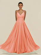 KissDress-Amirae Rosette A Line Chiffon V Neck Long Bridesmaid Dress with Cinched Waistline