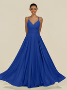 KissDress-Amirae Royal Blue A Line Chiffon V Neck Long Bridesmaid Dress with Cinched Waistline