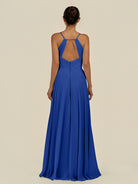KissDress-Amirae Royal Blue A Line Chiffon V Neck Long Bridesmaid Dress with Cinched Waistline