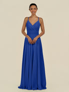 KissDress-Amirae Royal Blue A Line Chiffon V Neck Long Bridesmaid Dress with Cinched Waistline
