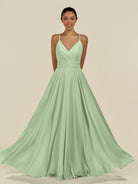 KissDress-Amirae Sage A Line Chiffon V Neck Long Bridesmaid Dress with Cinched Waistline
