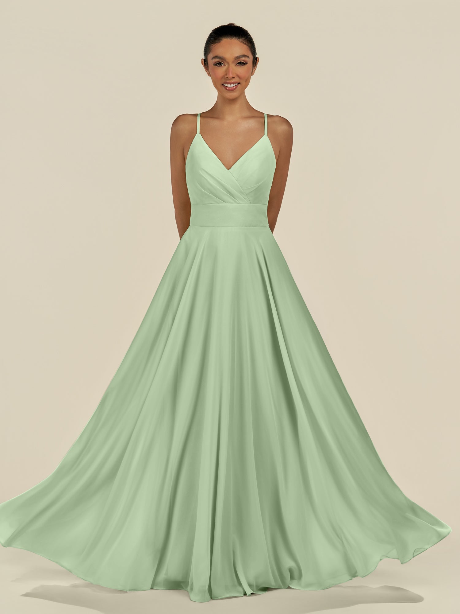 KissDress-Amirae Sage A Line Chiffon V Neck Long Bridesmaid Dress with Cinched Waistline