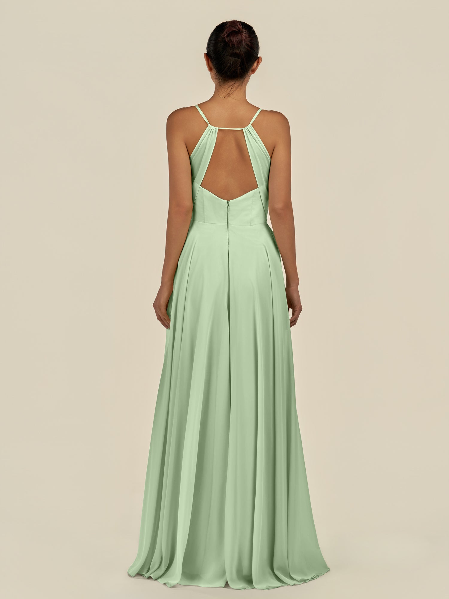 KissDress-Amirae Sage A Line Chiffon V Neck Long Bridesmaid Dress with Cinched Waistline