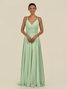 KissDress-Amirae Sage A Line Chiffon V Neck Long Bridesmaid Dress with Cinched Waistline