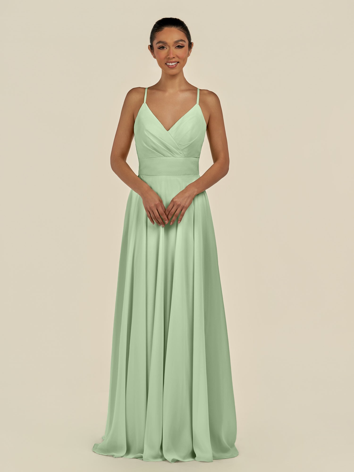 KissDress-Amirae Sage A Line Chiffon V Neck Long Bridesmaid Dress with Cinched Waistline