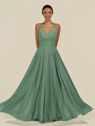 KissDress-Amirae Sea Glass A Line Chiffon V Neck Long Bridesmaid Dress with Cinched Waistline