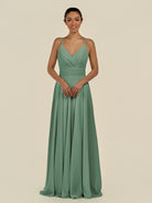 KissDress-Amirae Sea Glass A Line Chiffon V Neck Long Bridesmaid Dress with Cinched Waistline