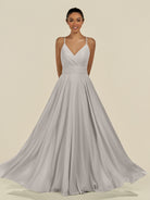 KissDress-Amirae Silver A Line Chiffon V Neck Long Bridesmaid Dress with Cinched Waistline