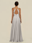 KissDress-Amirae Silver A Line Chiffon V Neck Long Bridesmaid Dress with Cinched Waistline