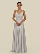 KissDress-Amirae Silver A Line Chiffon V Neck Long Bridesmaid Dress with Cinched Waistline