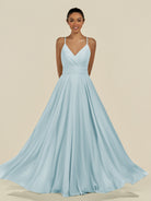 KissDress-Amirae Sky Blue A Line Chiffon V Neck Long Bridesmaid Dress with Cinched Waistline