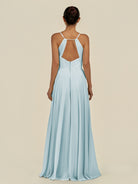 KissDress-Amirae Sky Blue A Line Chiffon V Neck Long Bridesmaid Dress with Cinched Waistline