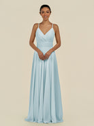KissDress-Amirae Sky Blue A Line Chiffon V Neck Long Bridesmaid Dress with Cinched Waistline