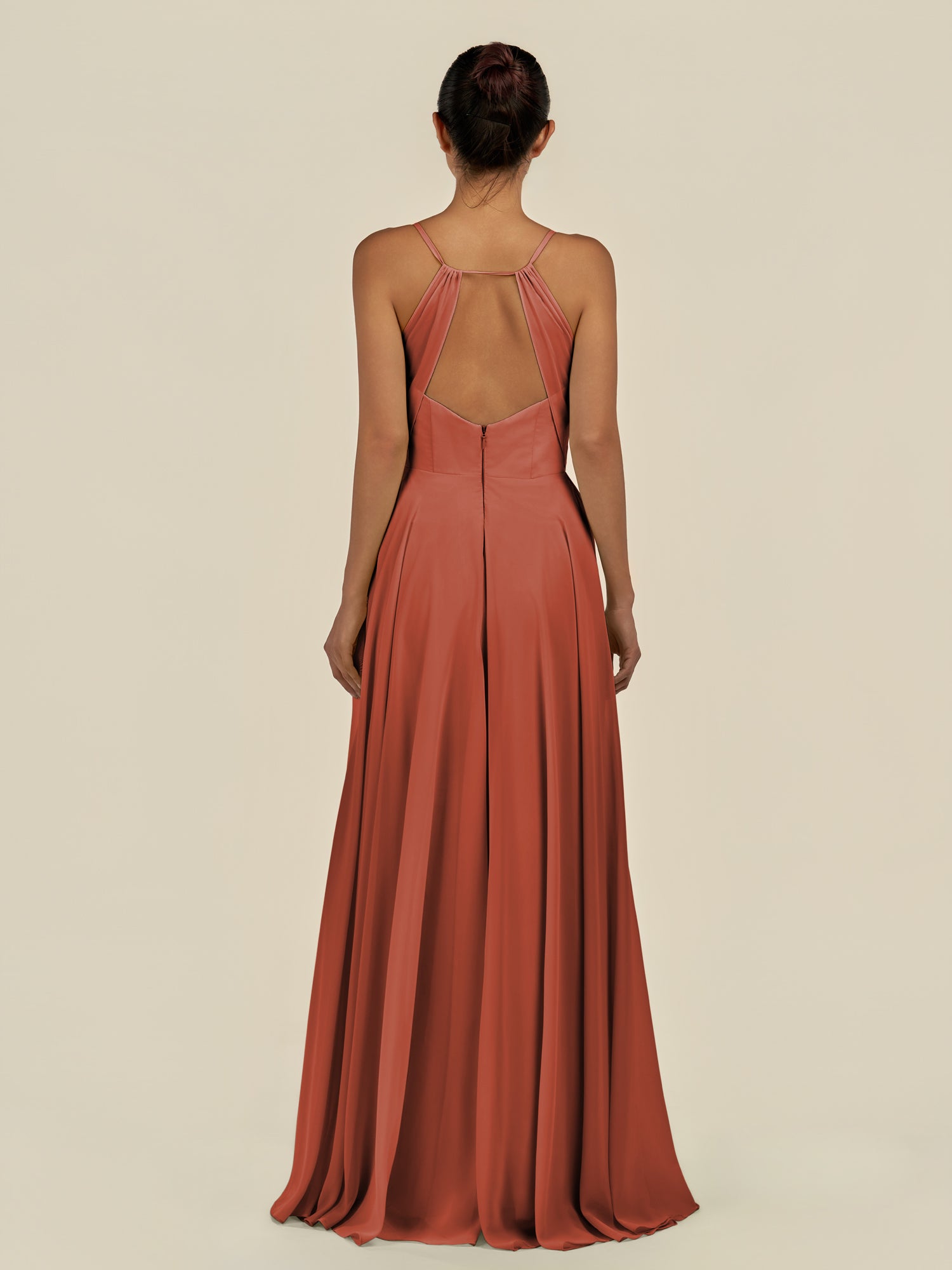 KissDress-Amirae Spice A Line Chiffon V Neck Long Bridesmaid Dress with Cinched Waistline