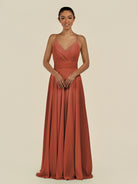 KissDress-Amirae Spice A Line Chiffon V Neck Long Bridesmaid Dress with Cinched Waistline