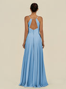 KissDress-Amirae Steel Blue A Line Chiffon V Neck Long Bridesmaid Dress with Cinched Waistline