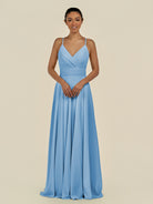 KissDress-Amirae Steel Blue A Line Chiffon V Neck Long Bridesmaid Dress with Cinched Waistline