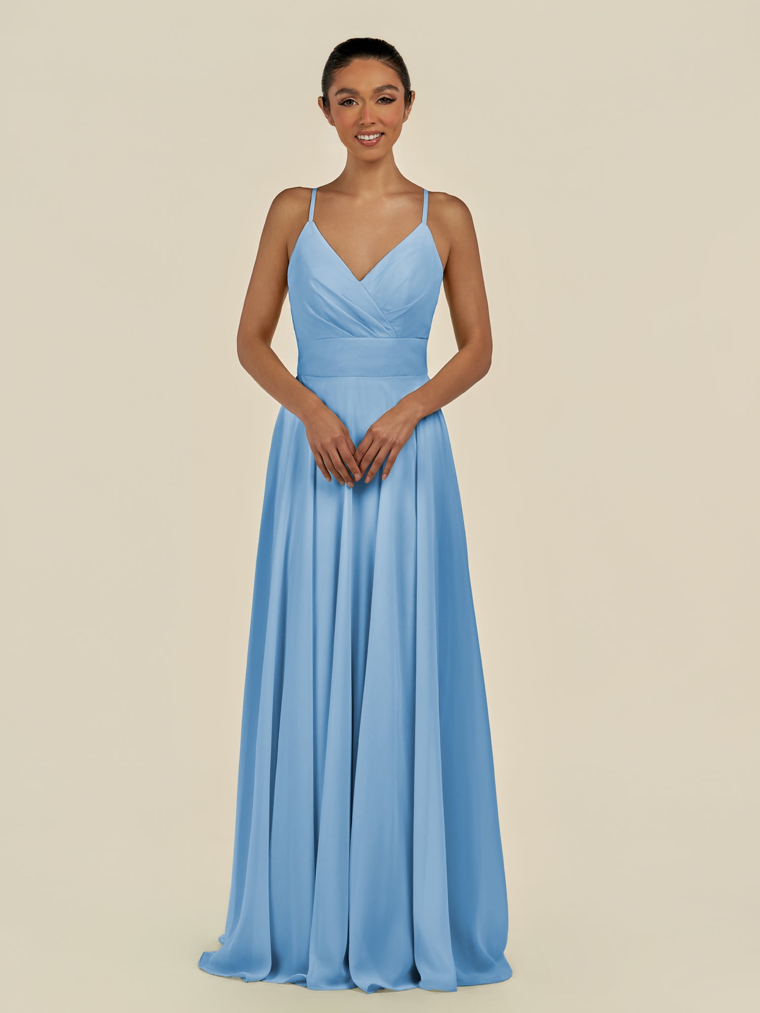 KissDress-Amirae Steel Blue A Line Chiffon V Neck Long Bridesmaid Dress with Cinched Waistline