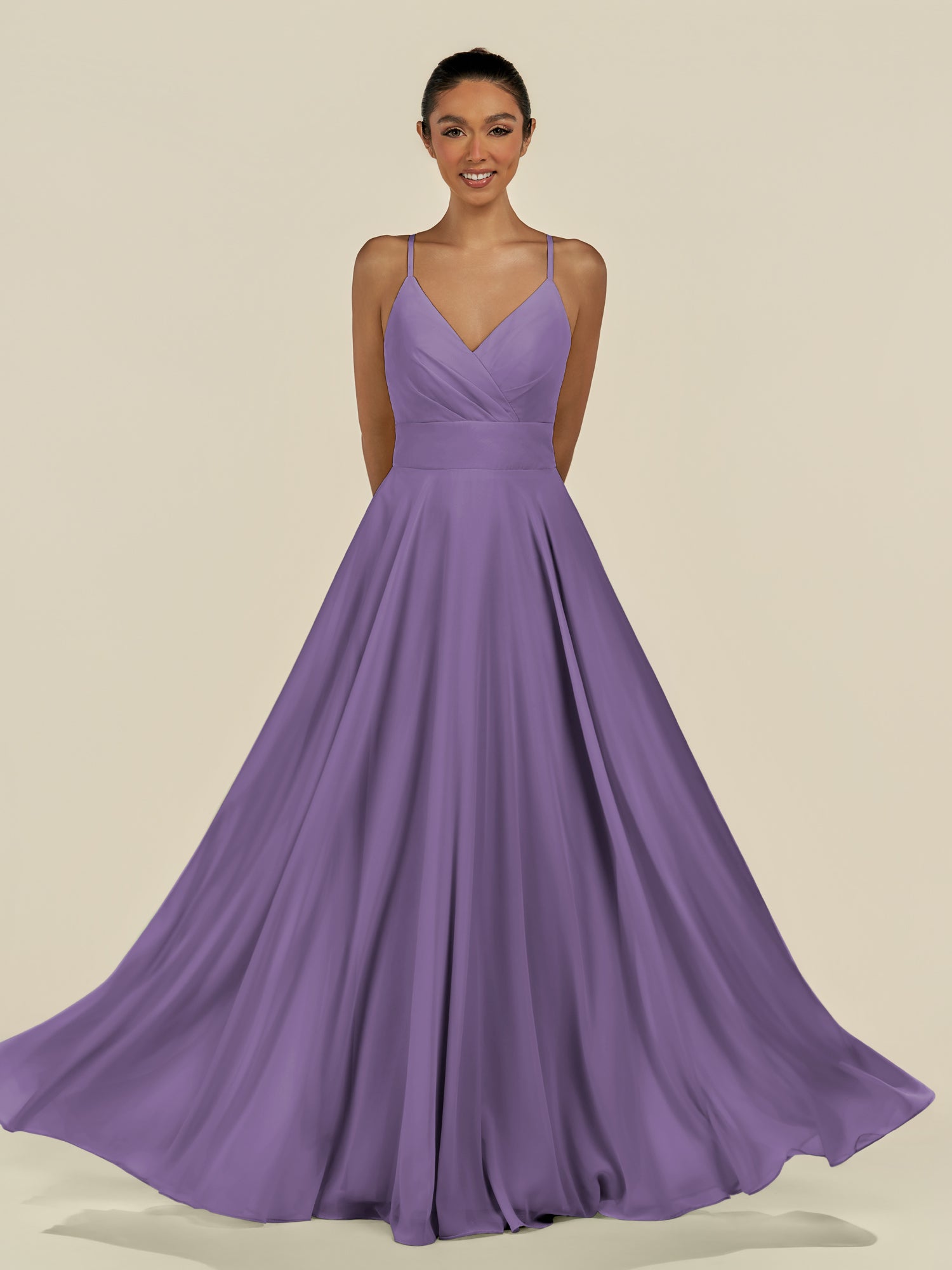 KissDress-Amirae Tahiti A Line Chiffon V Neck Long Bridesmaid Dress with Cinched Waistline