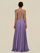 KissDress-Amirae Tahiti A Line Chiffon V Neck Long Bridesmaid Dress with Cinched Waistline