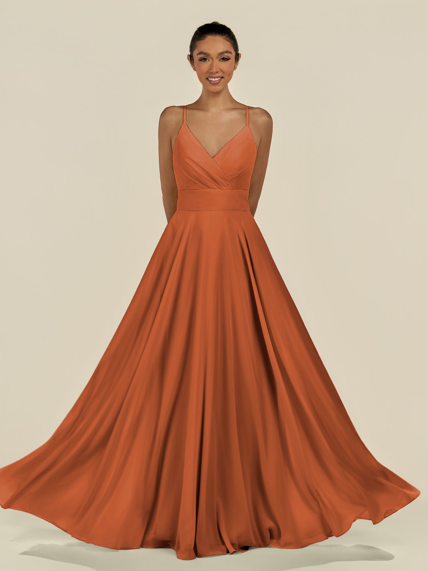 KissDress-Amirae Terracotta A Line Chiffon V Neck Long Bridesmaid Dress with Cinched Waistline