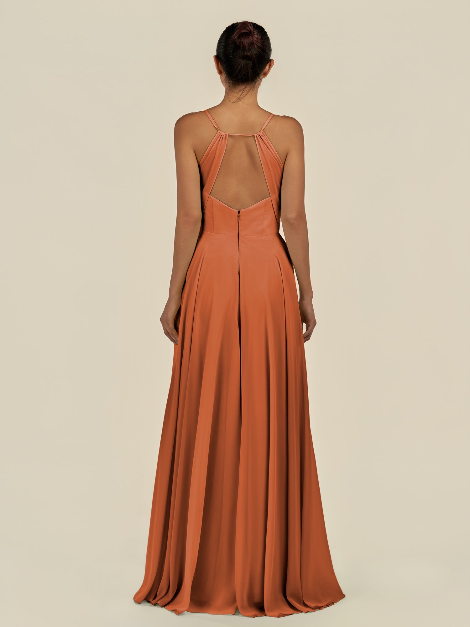 KissDress-Amirae Terracotta A Line Chiffon V Neck Long Bridesmaid Dress with Cinched Waistline