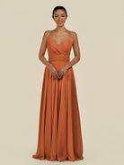 KissDress-Amirae Terracotta A Line Chiffon V Neck Long Bridesmaid Dress with Cinched Waistline