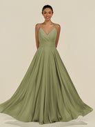 KissDress-Amirae Thyme A Line Chiffon V Neck Long Bridesmaid Dress with Cinched Waistline