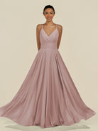 KissDress-Amirae Toffee A Line Chiffon V Neck Long Bridesmaid Dress with Cinched Waistline