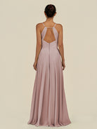 KissDress-Amirae Toffee A Line Chiffon V Neck Long Bridesmaid Dress with Cinched Waistline