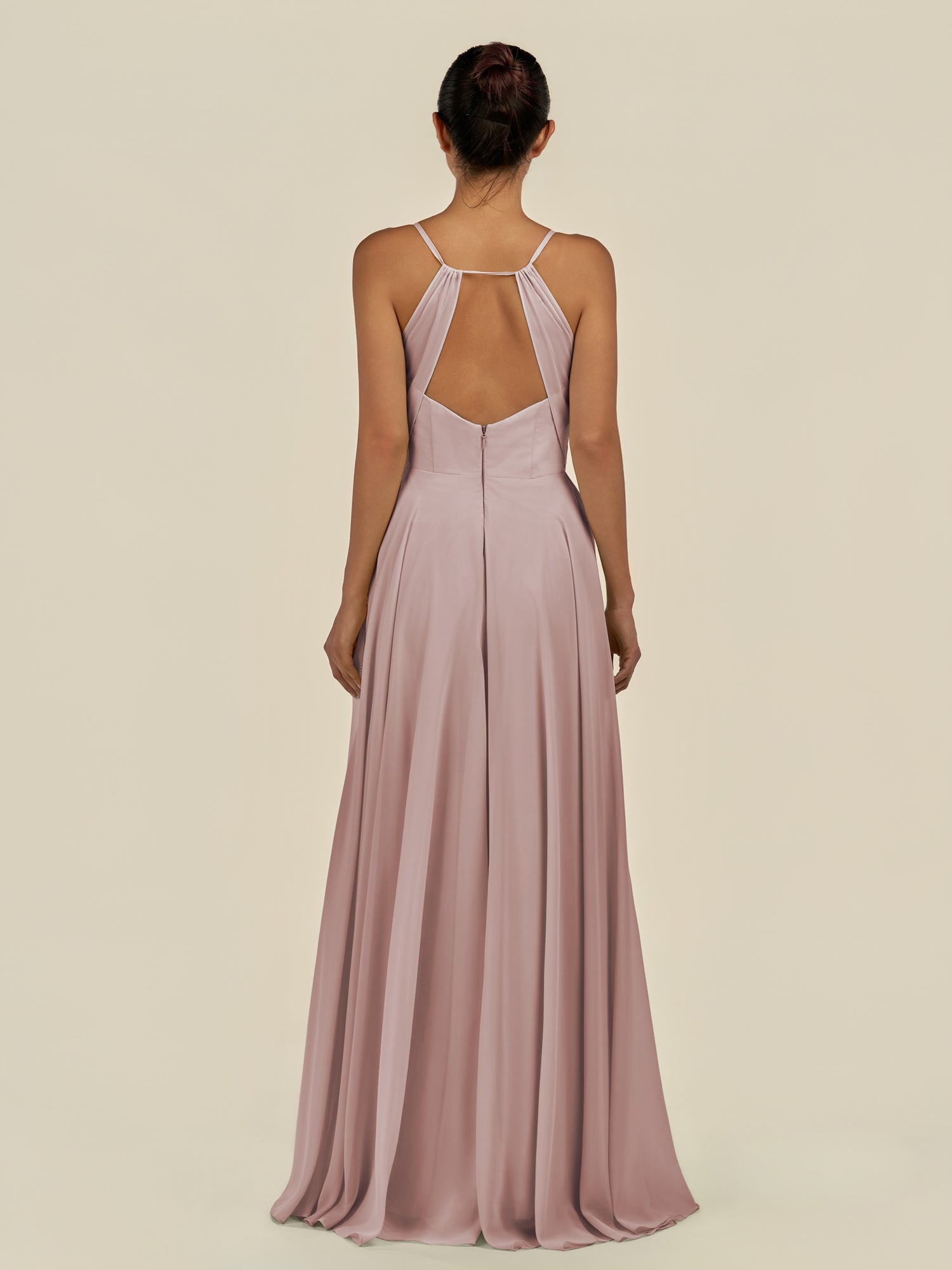 KissDress-Amirae Toffee A Line Chiffon V Neck Long Bridesmaid Dress with Cinched Waistline