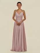 KissDress-Amirae Toffee A Line Chiffon V Neck Long Bridesmaid Dress with Cinched Waistline