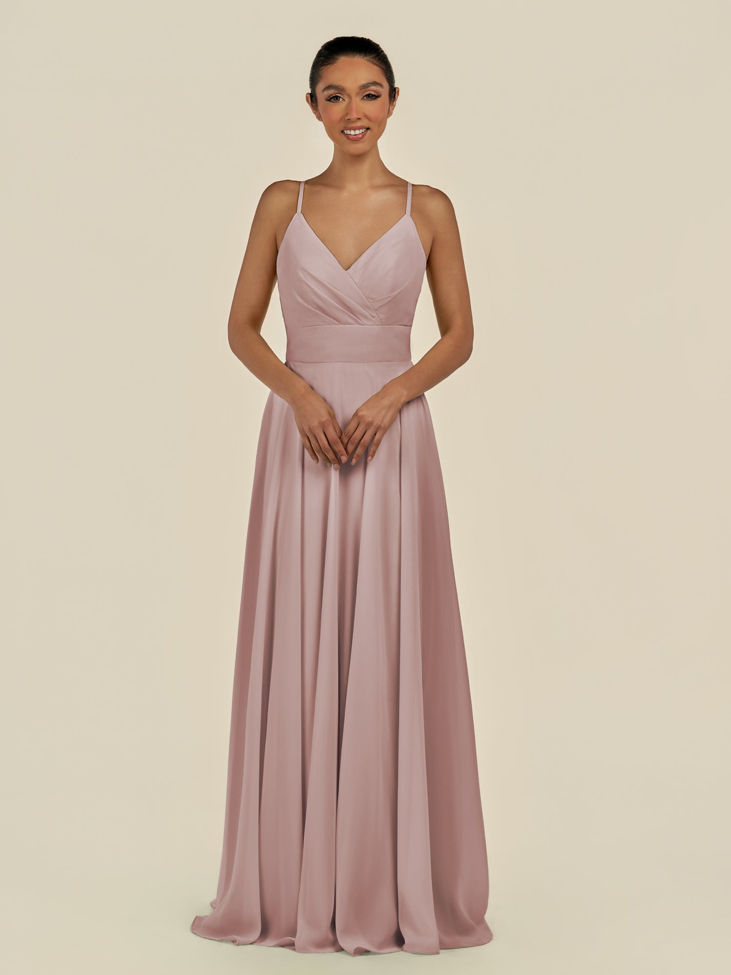 KissDress-Amirae Toffee A Line Chiffon V Neck Long Bridesmaid Dress with Cinched Waistline