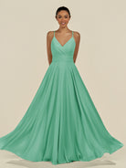 KissDress-Amirae Turquoise A Line Chiffon V Neck Long Bridesmaid Dress with Cinched Waistline