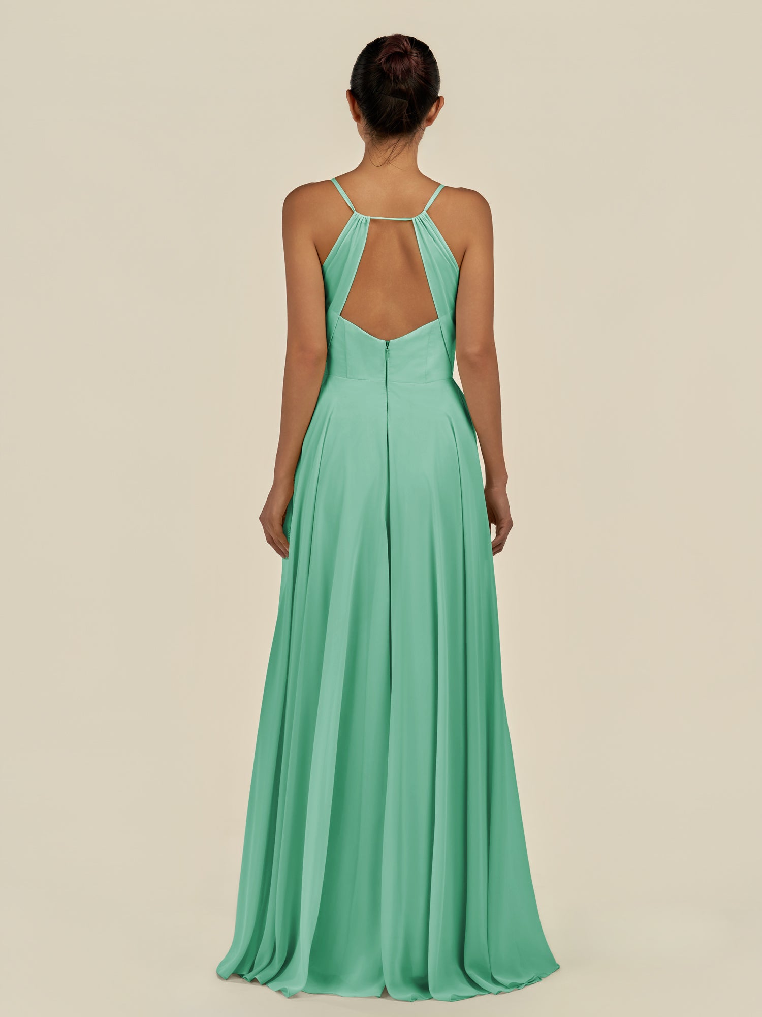 KissDress-Amirae Turquoise A Line Chiffon V Neck Long Bridesmaid Dress with Cinched Waistline