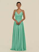 KissDress-Amirae Turquoise A Line Chiffon V Neck Long Bridesmaid Dress with Cinched Waistline