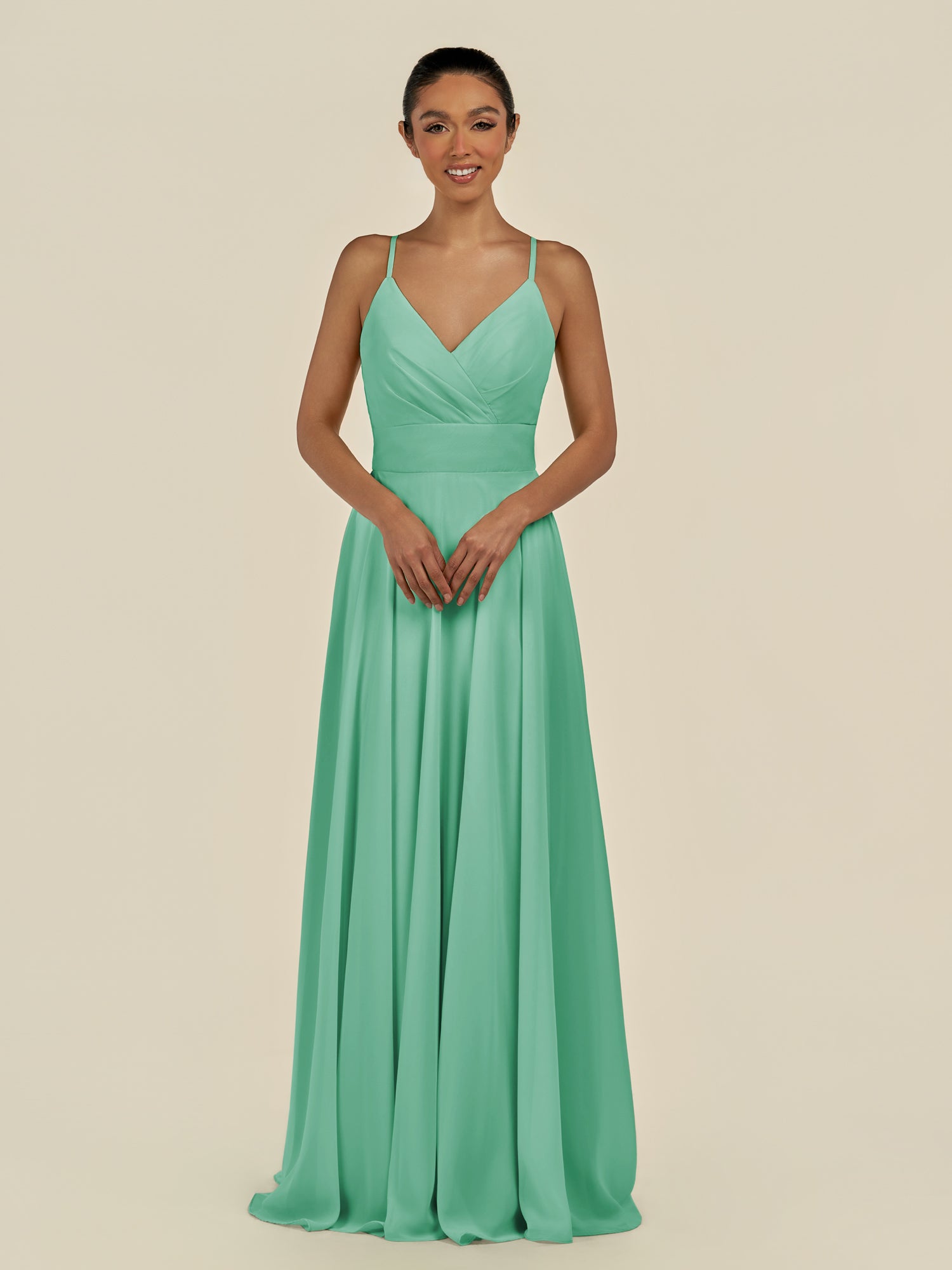 KissDress-Amirae Turquoise A Line Chiffon V Neck Long Bridesmaid Dress with Cinched Waistline