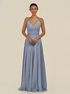 KissDress-Amirae Twilight A Line Chiffon V Neck Long Bridesmaid Dress with Cinched Waistline