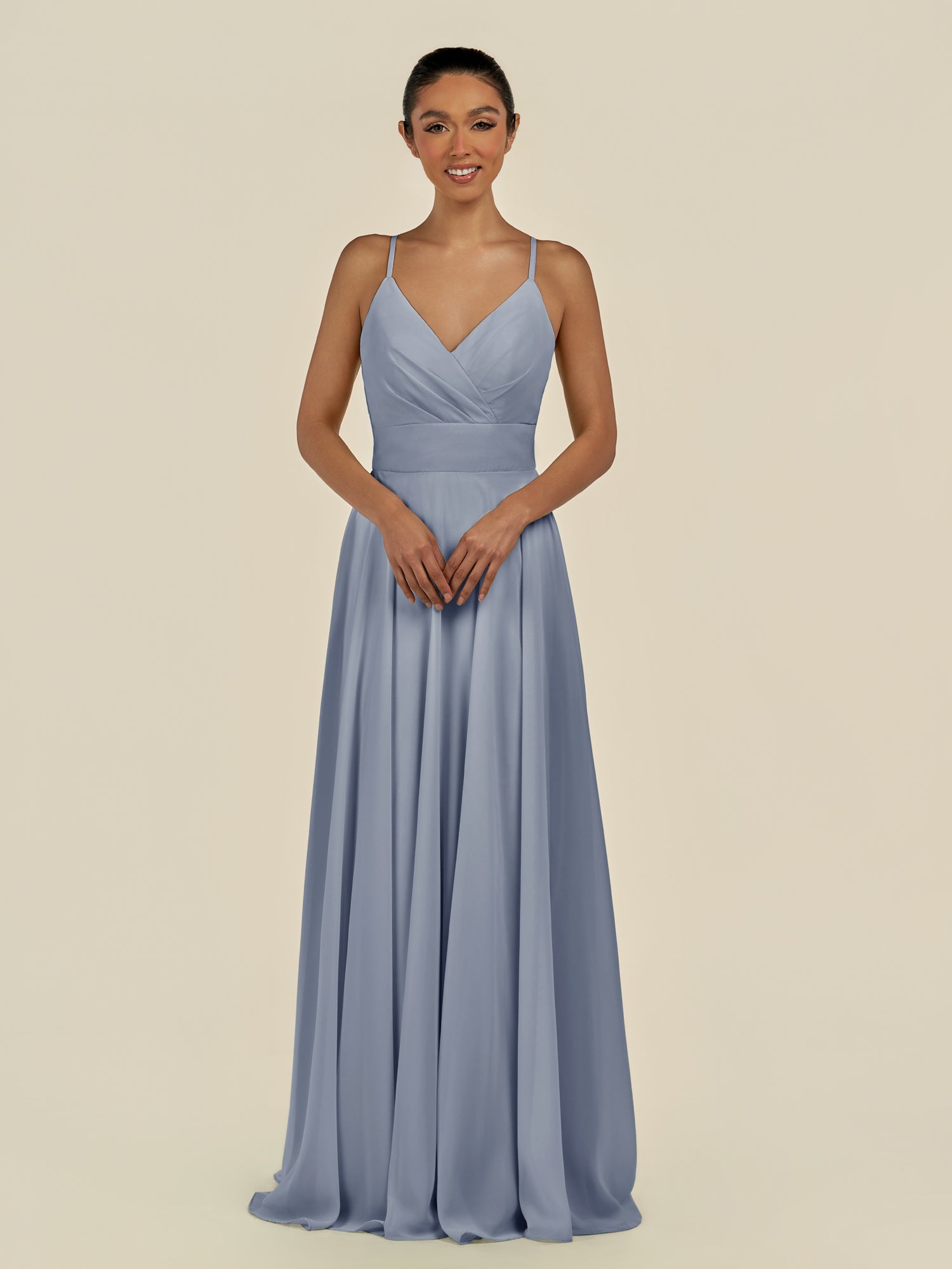 KissDress-Amirae Twilight A Line Chiffon V Neck Long Bridesmaid Dress with Cinched Waistline