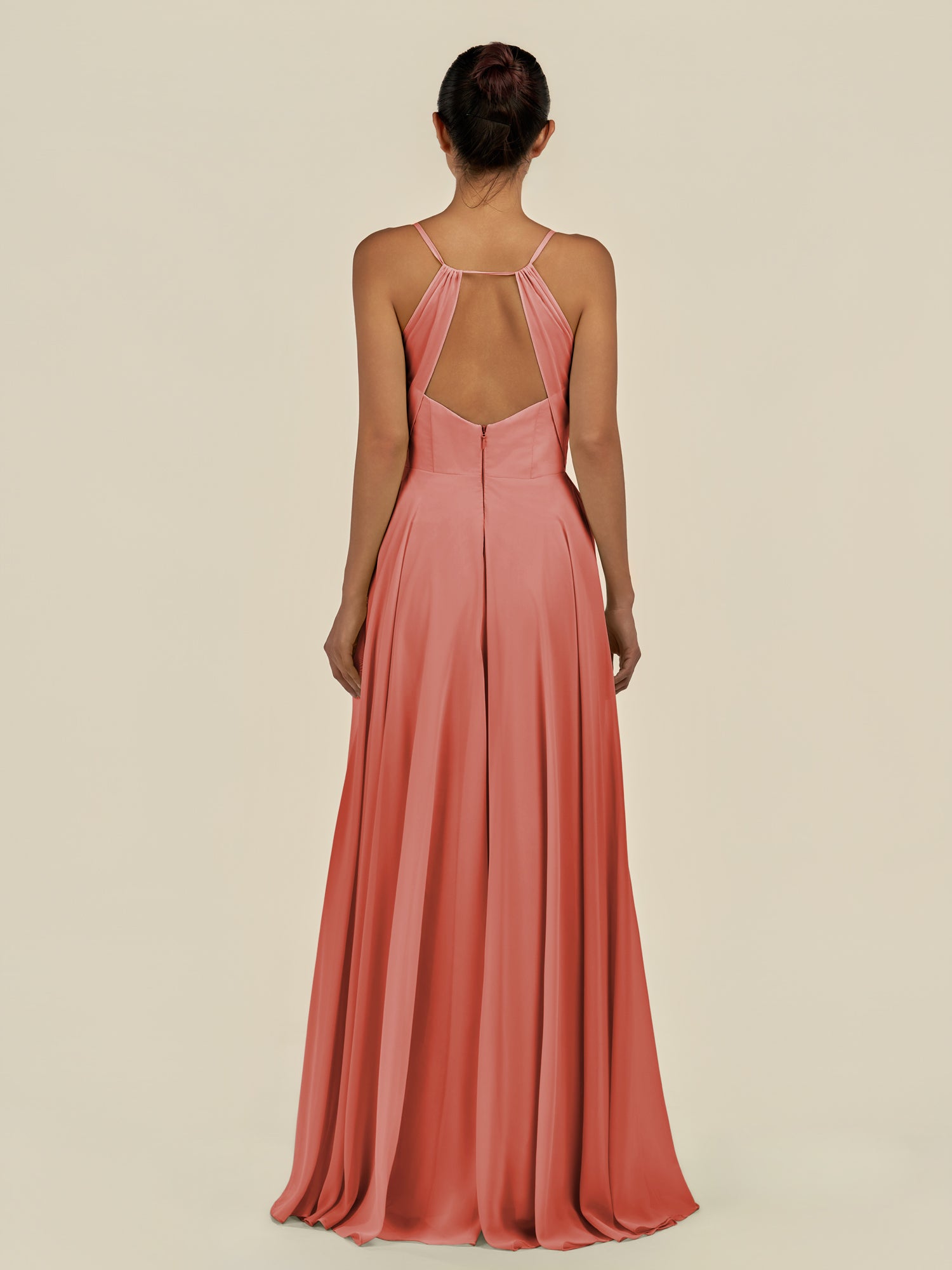 KissDress-Amirae Wild Rose A Line Chiffon V Neck Long Bridesmaid Dress with Cinched Waistline