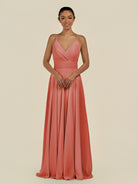 KissDress-Amirae Wild Rose A Line Chiffon V Neck Long Bridesmaid Dress with Cinched Waistline