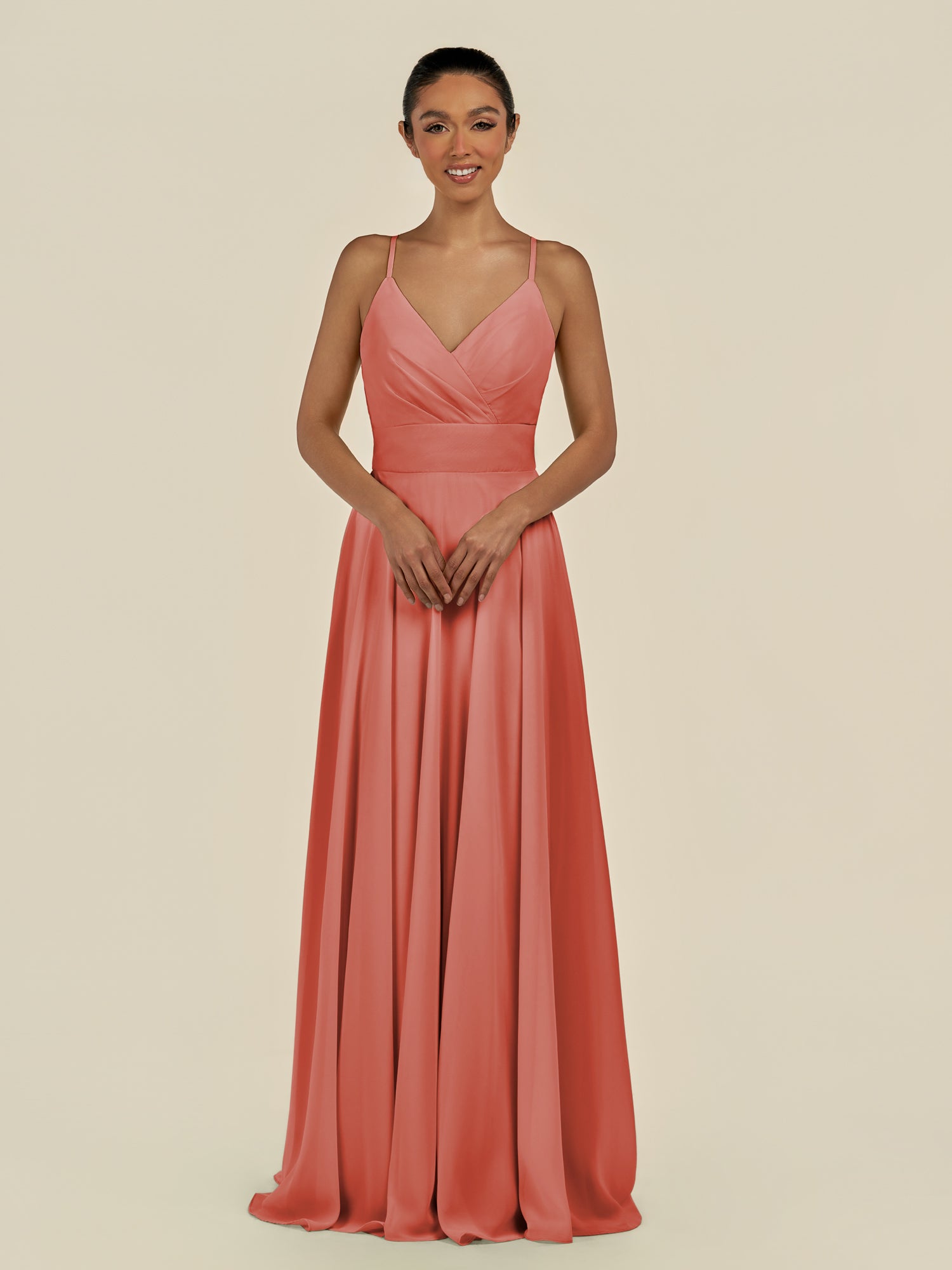 KissDress-Amirae Wild Rose A Line Chiffon V Neck Long Bridesmaid Dress with Cinched Waistline