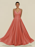 KissDress-Amirae Wild Rose A Line Chiffon V Neck Long Bridesmaid Dress with Cinched Waistline