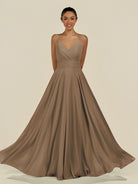 KissDress-Amirae Willow Green A Line Chiffon V Neck Long Bridesmaid Dress with Cinched Waistline