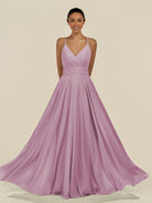 KissDress-Amirae Wisteria A Line Chiffon V Neck Long Bridesmaid Dress with Cinched Waistline
