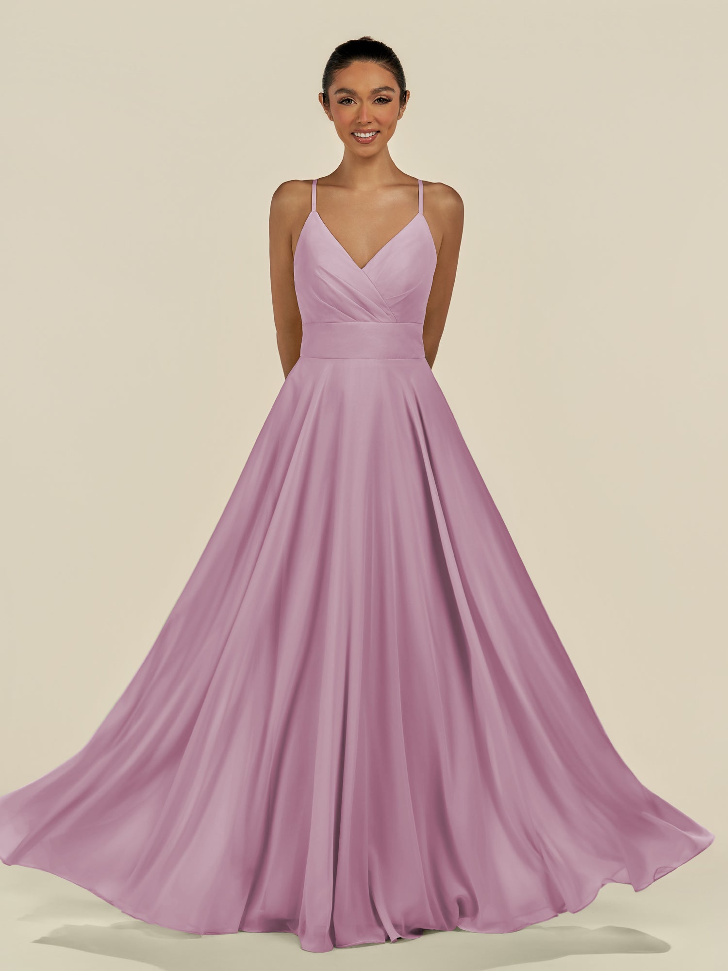 KissDress-Amirae Wisteria A Line Chiffon V Neck Long Bridesmaid Dress with Cinched Waistline