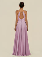 KissDress-Amirae Wisteria A Line Chiffon V Neck Long Bridesmaid Dress with Cinched Waistline