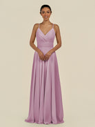 KissDress-Amirae Wisteria A Line Chiffon V Neck Long Bridesmaid Dress with Cinched Waistline