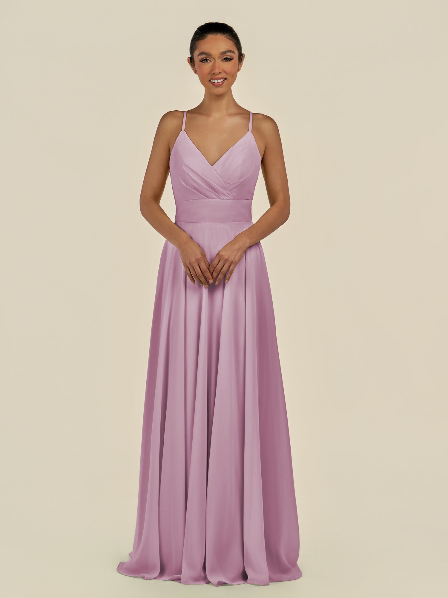 KissDress-Amirae Wisteria A Line Chiffon V Neck Long Bridesmaid Dress with Cinched Waistline