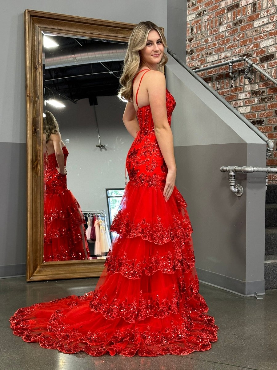 Andrea |Sheath One Shoulder Tiered Lace Long Prom Dress - KissProm